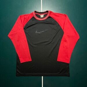 Vintage Nike ringer long sleeve t shirt men's large black red Y2K striped collar